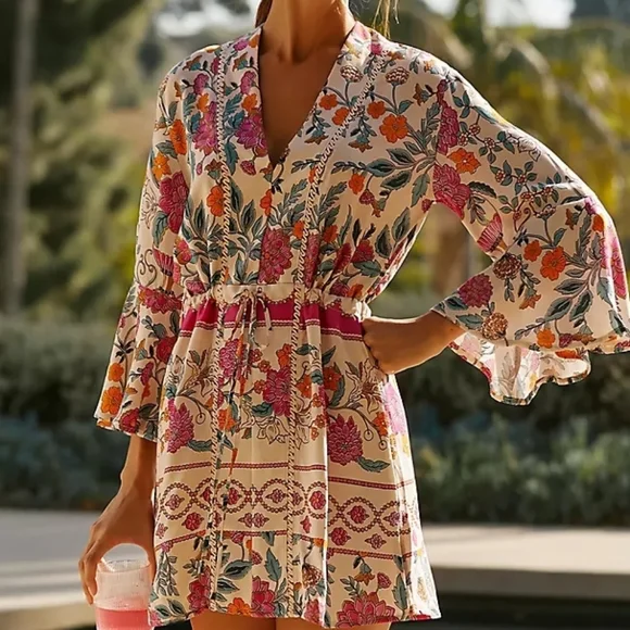 Anthropologie Maaji Marlee Long-Sleeve V-Neck Mini Kaftan - Picture 3 of 6